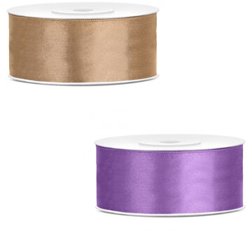 Bellatio Decorations 2x rollen satijn cadeaulint/sierlint - 2.5 cm x 25 meter - lila paars en goud