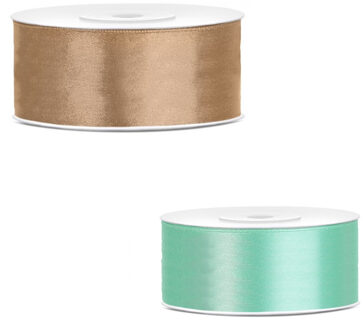 Bellatio Decorations 2x rollen satijn cadeaulint/sierlint - 2.5 cm x 25 meter - mintgroen en goud