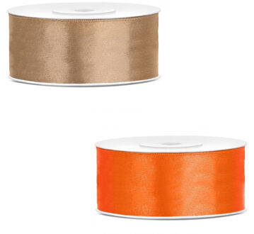 Bellatio Decorations 2x rollen satijn cadeaulint/sierlint - 2.5 cm x 25 meter - oranje en goud