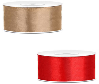 Bellatio Decorations 2x rollen satijn cadeaulint/sierlint - 2.5 cm x 25 meter - rood en goud