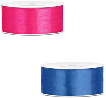 Bellatio Decorations 2x rollen satijn cadeaulint/sierlint - 2.5 cm x 25 meter - roze en blauw