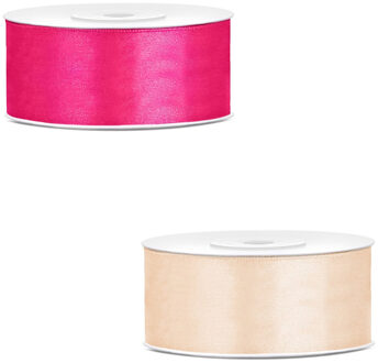 Bellatio Decorations 2x rollen satijn cadeaulint/sierlint - 2.5 cm x 25 meter - roze en creme wit
