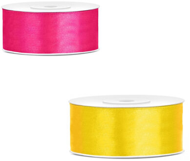 Bellatio Decorations 2x rollen satijn cadeaulint/sierlint - 2.5 cm x 25 meter - roze en geel