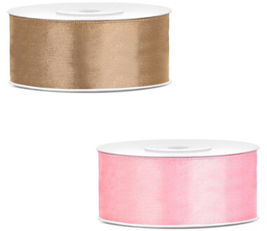 Bellatio Decorations 2x rollen satijn cadeaulint/sierlint - 2.5 cm x 25 meter - roze en goud