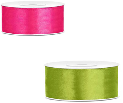 Bellatio Decorations 2x rollen satijn cadeaulint/sierlint - 2.5 cm x 25 meter - roze en groen