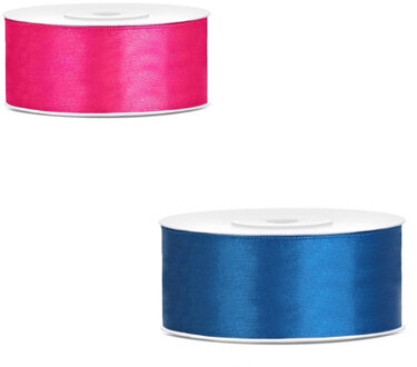 Bellatio Decorations 2x rollen satijn cadeaulint/sierlint - 2.5 cm x 25 meter - roze en kobalt blauw