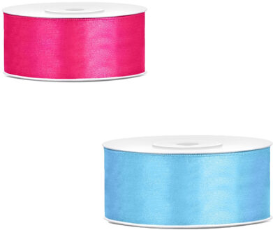 Bellatio Decorations 2x rollen satijn cadeaulint/sierlint - 2.5 cm x 25 meter - roze en lichtblauw