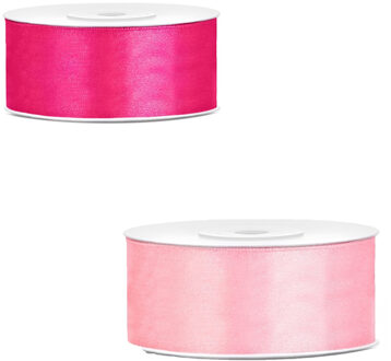 Bellatio Decorations 2x rollen satijn cadeaulint/sierlint - 2.5 cm x 25 meter - roze en lichtroze