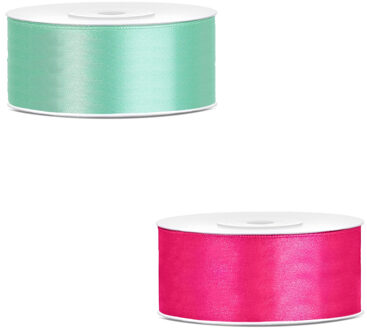 Bellatio Decorations 2x rollen satijn cadeaulint/sierlint - 2.5 cm x 25 meter - roze en mintgroen
