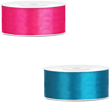 Bellatio Decorations 2x rollen satijn cadeaulint/sierlint - 2.5 cm x 25 meter - roze en turquoise