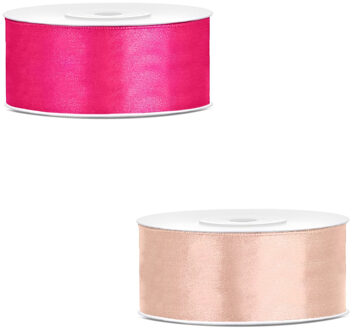 Bellatio Decorations 2x rollen satijn cadeaulint/sierlint - 2.5 cm x 25 meter - roze en zalmroze