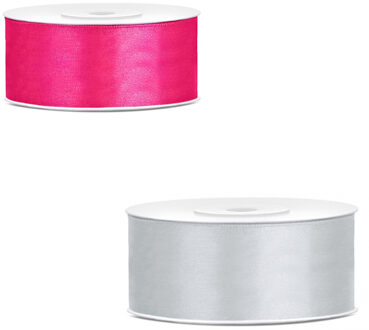 Bellatio Decorations 2x rollen satijn cadeaulint/sierlint - 2.5 cm x 25 meter - roze en zilver