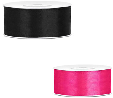 Bellatio Decorations 2x rollen satijn cadeaulint/sierlint - 2.5 cm x 25 meter - roze en zwart