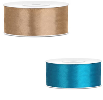 Bellatio Decorations 2x rollen satijn cadeaulint/sierlint - 2.5 cm x 25 meter - turquoise blauw en g