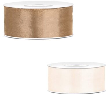 Bellatio Decorations 2x rollen satijn cadeaulint/sierlint - 2.5 cm x 25 meter - warm wit en goud