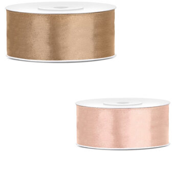 Bellatio Decorations 2x rollen satijn cadeaulint/sierlint - 2.5 cm x 25 meter - zalm roze en goud