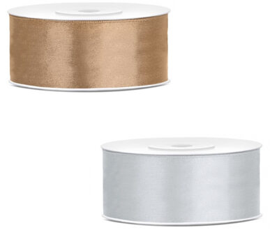 Bellatio Decorations 2x rollen satijn cadeaulint/sierlint - 2.5 cm x 25 meter - zilver en goud