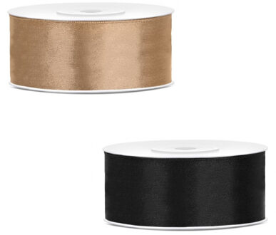 Bellatio Decorations 2x rollen satijn cadeaulint/sierlint - 2.5 cm x 25 meter - zwart en goud
