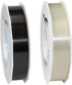 Bellatio Decorations 2x rollen satijn cadeaulint/sierlint - 2.5 cm x 91 meter - zwart en beige