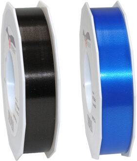 Bellatio Decorations 2x rollen satijn cadeaulint/sierlint - 2.5 cm x 91 meter - zwart en blauw