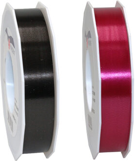 Bellatio Decorations 2x rollen satijn cadeaulint/sierlint - 2.5 cm x 91 meter - zwart en bordeaux