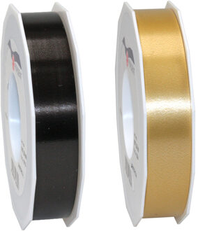 Bellatio Decorations 2x rollen satijn cadeaulint/sierlint - 2.5 cm x 91 meter - zwart en brons