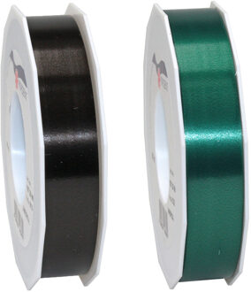 Bellatio Decorations 2x rollen satijn cadeaulint/sierlint - 2.5 cm x 91 meter - zwart en donkergroen