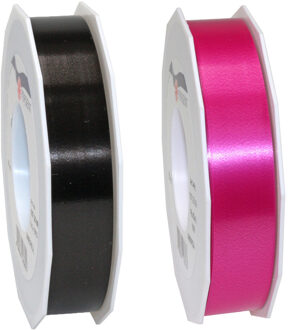 Bellatio Decorations 2x rollen satijn cadeaulint/sierlint - 2.5 cm x 91 meter - zwart en fuchsia