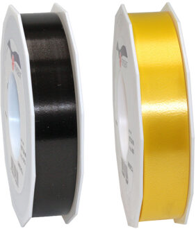 Bellatio Decorations 2x rollen satijn cadeaulint/sierlint - 2.5 cm x 91 meter - zwart en geel