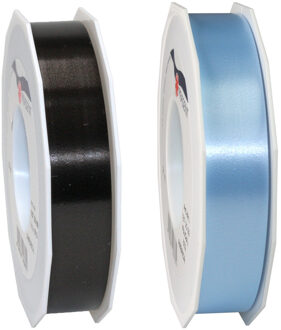 Bellatio Decorations 2x rollen satijn cadeaulint/sierlint - 2.5 cm x 91 meter - zwart en lichtblauw