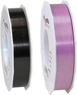 Bellatio Decorations 2x rollen satijn cadeaulint/sierlint - 2.5 cm x 91 meter - zwart en lila paars