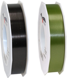 Bellatio Decorations 2x rollen satijn cadeaulint/sierlint - 2.5 cm x 91 meter - zwart en olijfgroen