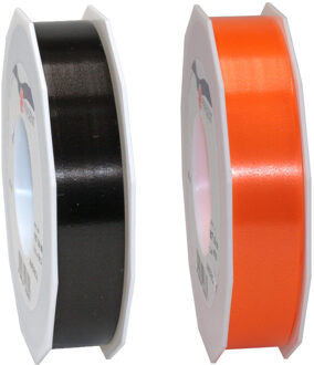 Bellatio Decorations 2x rollen satijn cadeaulint/sierlint - 2.5 cm x 91 meter - zwart en oranje