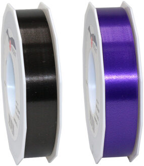 Bellatio Decorations 2x rollen satijn cadeaulint/sierlint - 2.5 cm x 91 meter - zwart en paars