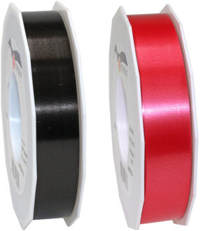 Bellatio Decorations 2x rollen satijn cadeaulint/sierlint - 2.5 cm x 91 meter - zwart en rood