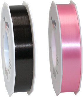 Bellatio Decorations 2x rollen satijn cadeaulint/sierlint - 2.5 cm x 91 meter - zwart en roze