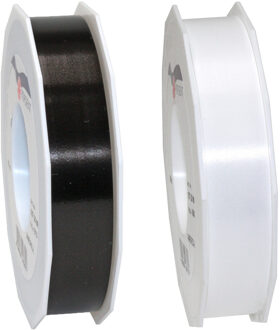 Bellatio Decorations 2x rollen satijn cadeaulint/sierlint - 2.5 cm x 91 meter - zwart en wit