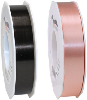 Bellatio Decorations 2x rollen satijn cadeaulint/sierlint - 2.5 cm x 91 meter - zwart en zalmroze