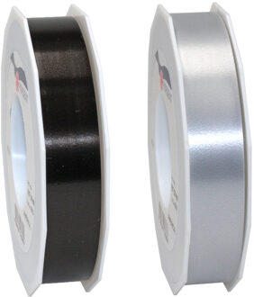 Bellatio Decorations 2x rollen satijn cadeaulint/sierlint - 2.5 cm x 91 meter - zwart en zilver