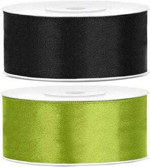 Bellatio Decorations 2x rollen satijn sierlint 2.5 cm x 25 meter appelgroen en zwart