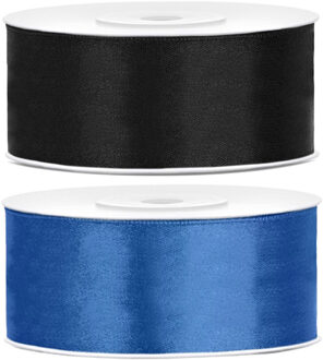 Bellatio Decorations 2x rollen satijn sierlint 2.5 cm x 25 meter blauw en zwart - Cadeaulinten