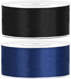 Bellatio Decorations 2x rollen satijn sierlint 2.5 cm x 25 meter donkerblauw en zwart