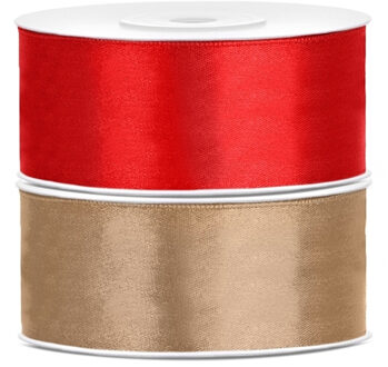 Bellatio decorations 2x rollen satijn sierlint 2.5 cm x 25 meter goud en rood - Cadeaulinten Goudkleurig