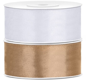 Bellatio decorations 2x rollen satijn sierlint 2.5 cm x 25 meter goud en wit - Cadeaulinten Goudkleurig