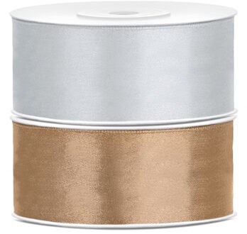 Bellatio decorations 2x rollen satijn sierlint 2.5 cm x 25 meter goud en zilver - Cadeaulinten Goudkleurig