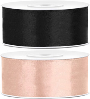 Bellatio Decorations 2x rollen satijn sierlint 2.5 cm x 25 meter perzik roze en zwart