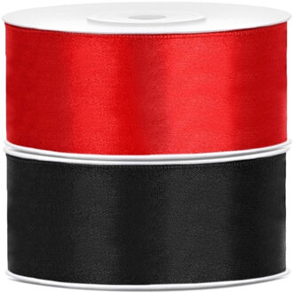 Bellatio decorations 2x rollen satijn sierlint 2.5 cm x 25 meter rood en zwart - Cadeaulinten