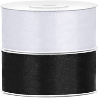 Bellatio decorations - 2x rollen satijn sierlint - 2.5 cm x 25 meter - wit en zwart