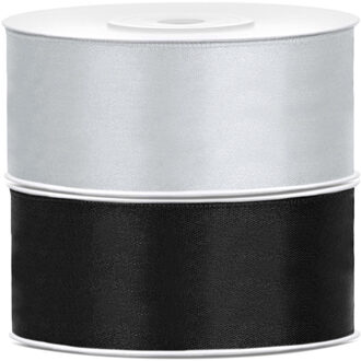 Bellatio decorations - 2x rollen satijn sierlint - 2.5 cm x 25 meter - zilver en zwart