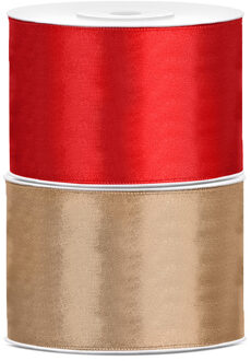 Bellatio decorations 2x rollen satijn sierlint 5 cm x 25 meter goud en rood - Cadeaulinten Multikleur